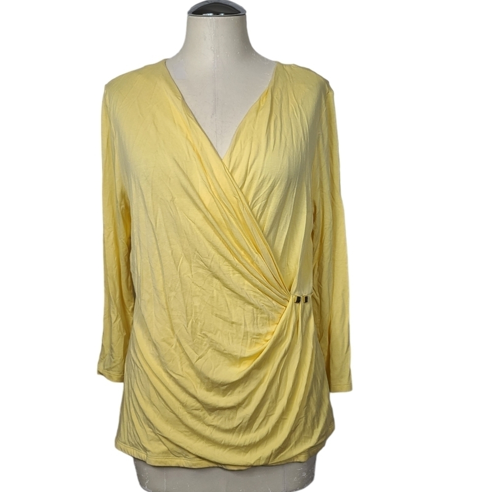NWT Calvin Klein V Neck Faux Wrap Yellow Long Sleeve Shirt M
